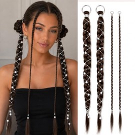 Brown Boho braiding hair Ponytail Extension With Pearl Beads,Free Style Pony Tails Hair Extensions With Metal Ring,Hand-Braided Hair Accessory Braided