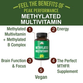 Methylated Multivitamin + Methylated B Complex Supplement. With Trimethylglycine (TMG), L Methylfolate, Methyl B12 + B1 + B2 + B6 Vitamins + Choline. MTHFR Supplement For Women & Men. Vegan Capsules