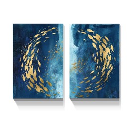 Looife Blue and Gold Abstract Pinting Canvas Wall Art, 20x1.5x30 Inch 2 Panels Colorful Textured Gold Fish in The Blue Ocean Picture Prints Wall Decor, Wrapped Canvas Art Deco