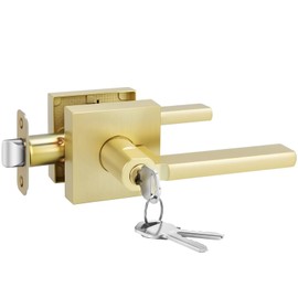 Goldenwarm Entry Door Handle with Lock and Key, Zinc Alloy Heavy Duty Brushed Gold Locking Exterior Door Handle, Keyed Door Lever with Locks and Keys for Bedroom (1 Pack)