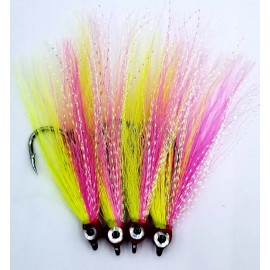 AllPro National Inc Fishing Teaser, Fluke Teaser, Striped Bass Teaser 4/0, (4 Pack) Bucktail Teaser - Pink/Chartreuse
