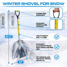Aluminum Snow Shovel Scoop for Driveway - Heavy Duty Snow Shovel for Car - Aluminium Steel Winter Snow Scoop Medium 12" Blade, Fiberglass Handle & Plastic D-Grip - Outdoor Garden Shovel- 48" Length