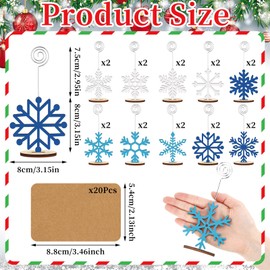 Funnymoom 20 Pcs Christmas Wood Place Card Holders Stand Display and 20 Kraft Place Cards Santa Snowman Elk Number Name Photo Picture Clip Holder for Xmas Party Table Decoration (Blue White Snowflake)