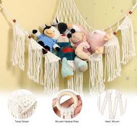 Toy Storage Hammock Stuffed Animals Storage Net Hand Woven Plush Toy Organizer Large Corner Hanging Hammock Net with Hooks for Teddy Bear Toys Holding Nursery Room Decor