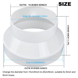 Duct Reducer, PVC Duct Adapter, 8 to 6 Inch PVC Reducer Duct Increaser/Reducer for Grow Tent HVAC Ventilation System With 2PCS Hose Clamps (8 Inch to 6 Inch)