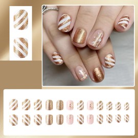 French Christmas Press on Nails Short Square - ZWENJIE Gold Glitter Fake Nails Swirl Snowflake Acrylic Glue on Nails Full Cover Short Christmas Stick on Nails Winter Holiday Artificial Nail Kit 24 PCS