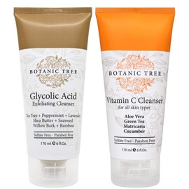 Botanic Tree Double Face Wash Kit - Gentle Facial Cleanser Set of Glycolic Acid Exfoliator Facewash And Vitamin C Cleanser for Women, Men - Natural Exfoliating Scrub Set for Oily, Dry, Sensitive Skin | Botanic Tree
