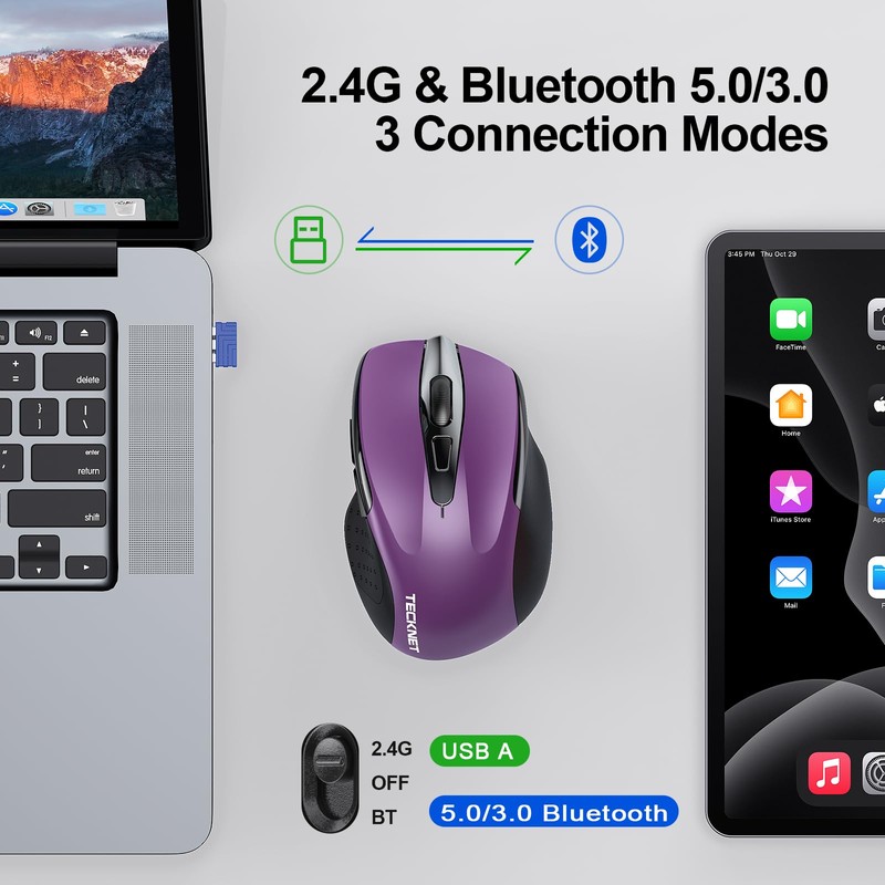 TECKNET Wireless Mouse (2.4G & BT5.0/3.0) Silent Mouse 4800 DPI
