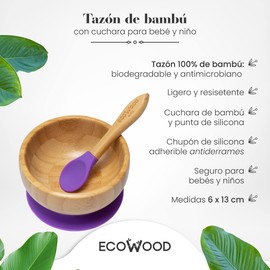 Ecowood® Tazón/Plato Hondo/Bowl de Bambú para Bebe y Niño - Con Base de Silicona Succión Adherente y Antiderrapante (Verde)