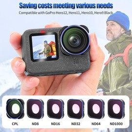 FPVERA ND Filter Set for GoPro Hero 12 11 10 9 Black, 6-Pack CPL ND8, ND16, ND32, ND64, ND1000 Polarized Action Camera Lens Filter kit with Aluminum Alloy Frame & 18-Layer Coating HD AGC Optical Glass