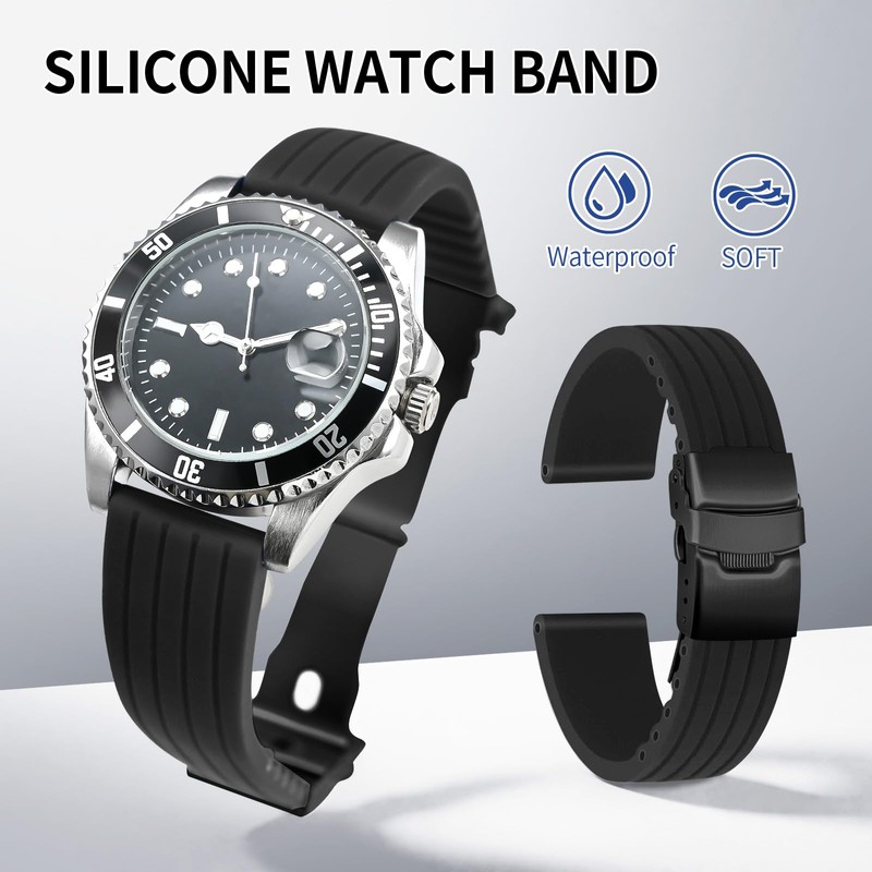 ULLCHRO Unisex Rubber Bracelet with Stainless Steel Black Folding Clasp,