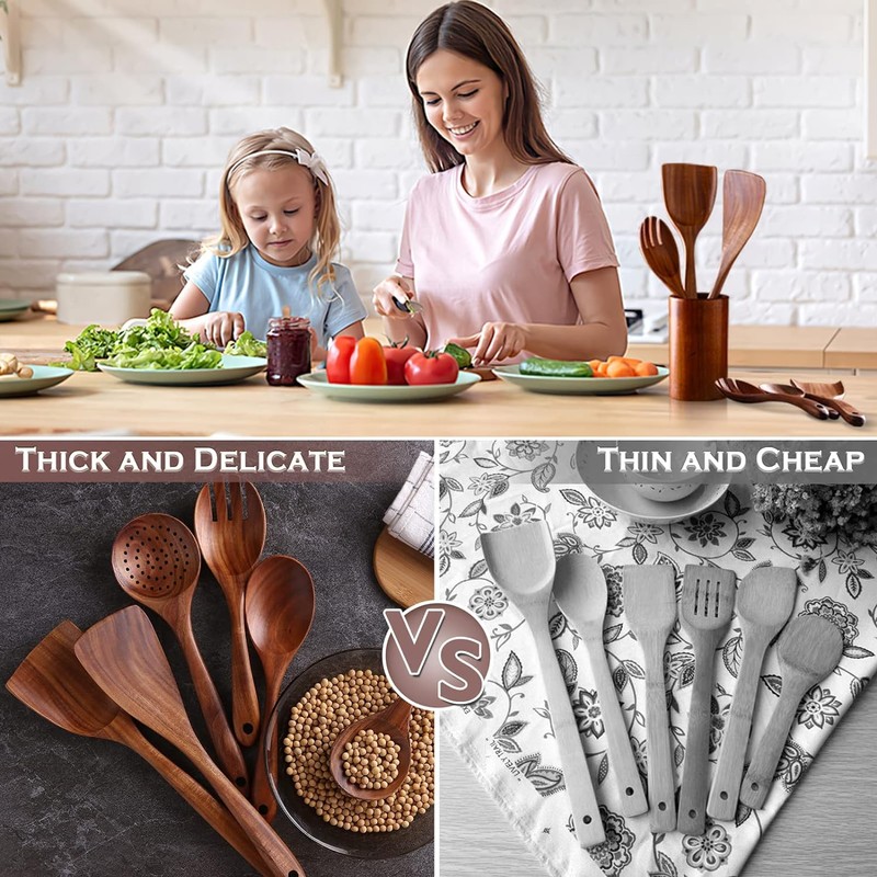 Wooden Spoon 6 Pcs, Cooking Utensils,Kitchen Utensils Natural Teak Wood
