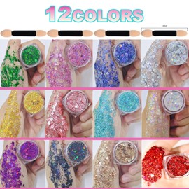 YILAIMAX 12Pcs face Body Hair Festival Glitter Gel,Suitable for Carnivals, Parties, Nightclubs and Art Creation Chunky Holographic Festival Glitter Make up for face (12 * 5g)