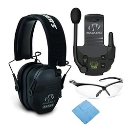 Walker's Razor Slim Electronic Muff (Black) with Walker's Tactical/Hunting Walkie Talkie, Sport Shooting Glasses (Clear), Microfiber Cleaning Cloth Bundle (4 Items)