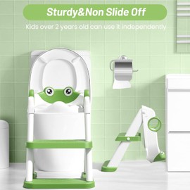 Foldable Toilet Training Potty Seat，Waterproof PU Seat Toddler Toilet Seat with Step Stool Ladder，Frog Type Anti Slip Toddler Step Stool (GREEN)