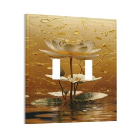 Xuejiaku Decorative Light Switch Cover Plate Golden Lotus White Flower Water Drop Green Leaf 2 Gang Wall Plate Cover Double Toggle Switch Plate Covers Electric Dual Device Electrical Faceplate