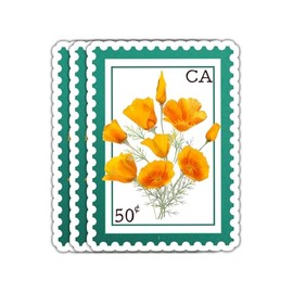 (3 Psc) California Poppy Floral Stamp Sticker - State Flower Decal - Post Stamp - Postage - Cute Flower Sticker- Decal 3 Inch for Laptop Water Bottles