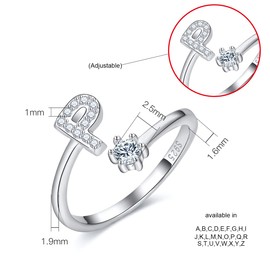 CRYSLOVE Women’s / Girls’ Letter Ring - 925 Sterling Silver - Open & Adjustable Initial Ring - A-Z Alphabet Rings with Gift Box, Silver, p