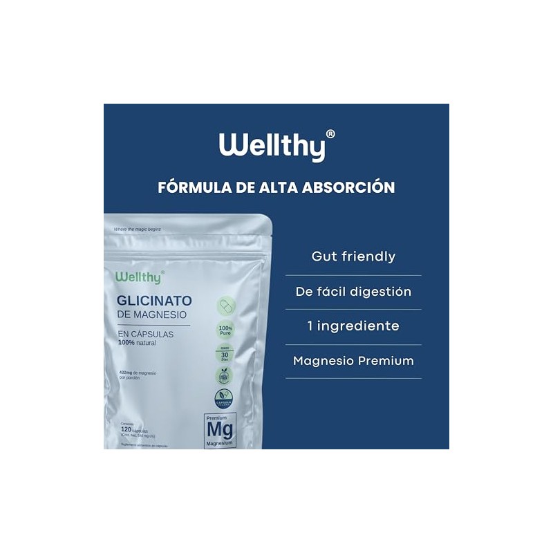 Wellthy Glicinato de Magnesio 120 Cápsulas. 432mg, 100% Natural, Alta