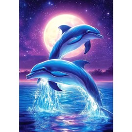 MXJSUA Jumping Dolphins DIY Diamond Painting by Number Kits for Adults, Animal 5D Round Drill Diamond Gem Art Painting Picture Arts Kits Craft for Home Wall Decor 30x40cm