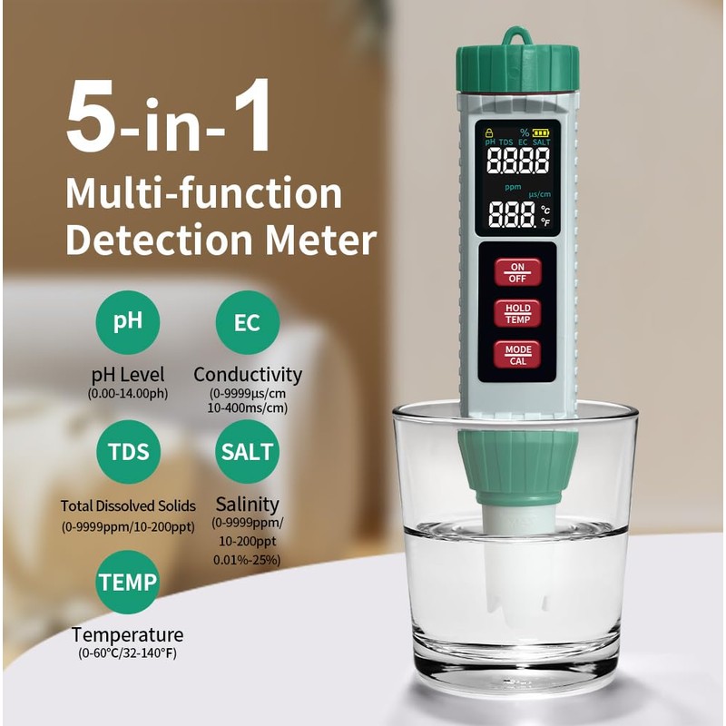 Digital PH Meter, Pool Salt Tester, Digital 5 in 1