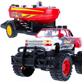Kidplokio Friction Power Off Road Monster Toy Truck Speed Boat with Trailer Hitch, Red, Boys, Ages 3+