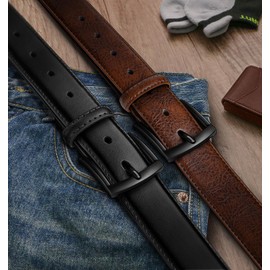 BULLIANT Men Belt 2Pack-Leather Belt 7Holes Comfortable For Men's Dress Casual Jeans 1 3/8"(Black/Deep Brown,42"-44" Waist Adjustable)