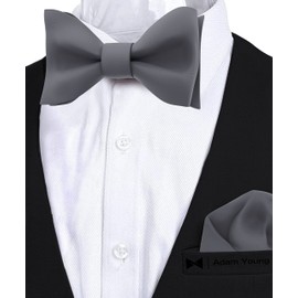 Adam Young Men's Gray Self Tie Bow Tie with Pocket Square Formal Satin Classy Bowtie for Tuxedo Faux Silk (Classic, Grey Fog)