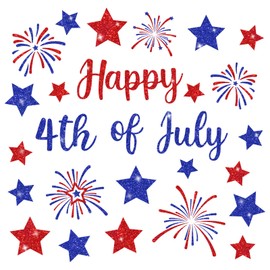 Whaline 6 Sheets Patriotic Window Clings Glitter Happy 4th of July Red Blue Star Firework Reusable Window Decals for Independence Day Memorial Day Home Party Decor