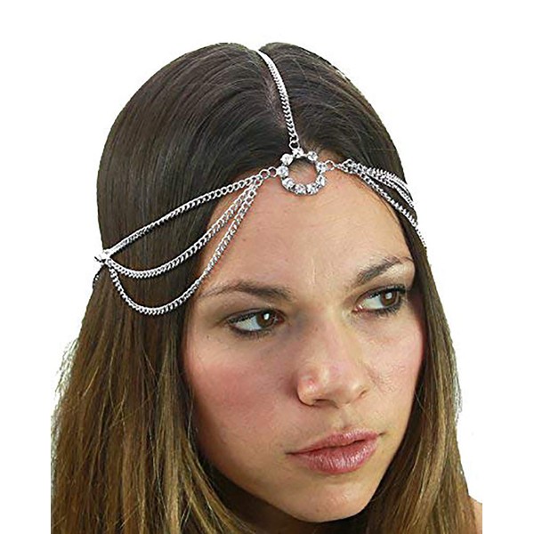 NYFASHION101 Women's Bohemian Fashion Head Chain Jewelry - Rhinestone Ring Charm Simple 2 Strand, Silver-Tone