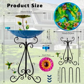 DREAMSOUL 20" Hummingbird Bird Bath Stand, Metal Deep Bird Bath for Outside with Folding Bracket, 2 in 1 Birdbath and Feeder for Garden Lawn Yard