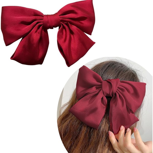 Large Red Bowknot, Hair Clip for Girls, Silky Satin Bow