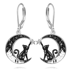Black Cat Earrings 925 Sterling Silver Leverback Dangle Earrings Moon Gothic Christmas Earrings Jewelry Gift for Women