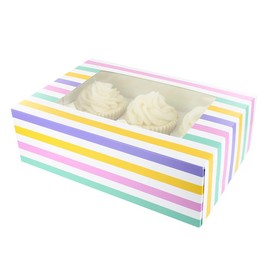 Baked with Love 650214 6/12 Cupcake Box, Twin Pack, Bold Stripes & Yellow Windowed to Carry Tasty Treats, Includes Dual Insert for 6 Standard Cupcakes or 12 Mini Cupcakes, Pack of 2 Boxes
