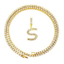 HH Bling Empire Iced Out Hip Hop Gold Faux Diamond Bubble Dripping Letter Tennis Chain Necklace 20 Inch (Bubble Letter S)