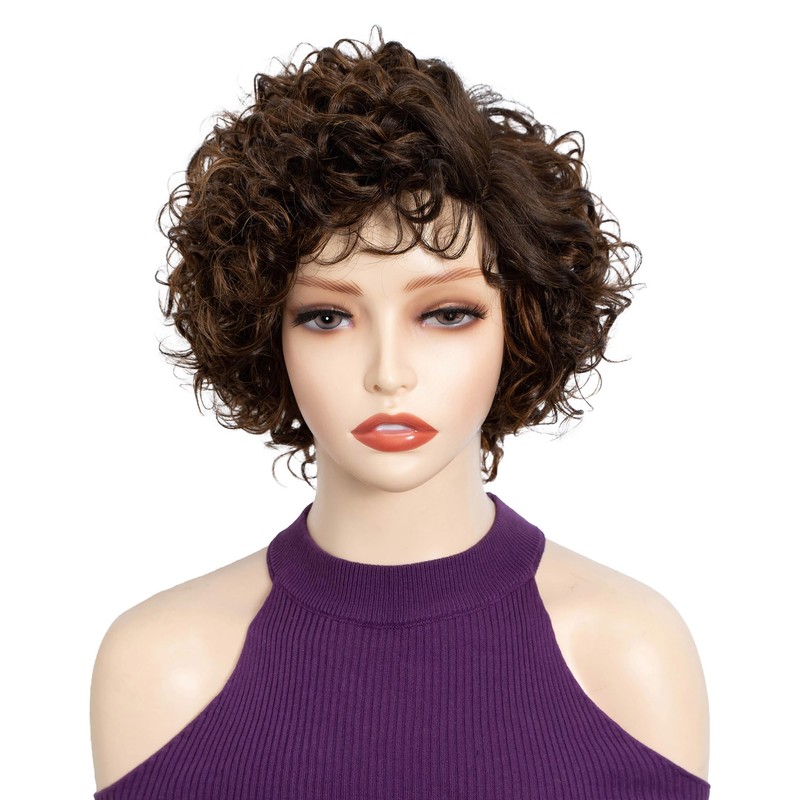 FASHION IDOL Pixie Curly Brown Human Hair Wig C-type Lace