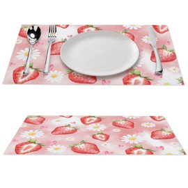 Juego de 4 manteles individuales de fresa rosa, 12 x 18 pulgadas, frutas, rojo, dulce, margaritas, corazón, acuarela, resistente al calor, para comedor, cocina, cumpleaños, fiesta, decoración de día