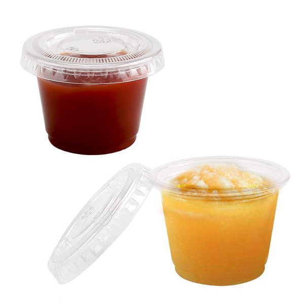 TashiBox 1oz-100 Sets Plastic Disposable Jello Shot Cups with Lids/Souffle Portion/Sauce Salad Dressing/Condiment Cups, 100 pack Clear Plastic Disposable Food Containers with Lids (1 Ounce)…