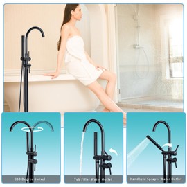 TENIGXT Floor Mount Bathtub Faucet，Matte Black，Freestanding Tub Faucet ，High Flow Dual Function 360 Degree Rotating Tube and Handheld Water Outlet