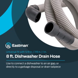 Eastman 8 Foot Dishwasher Drain Hose, Universal Fit with 5/8 Inch , 7/8 Inch, or 1 Inch OD Drain Outlet, 90 Degree Rubber Elbow, Corrugated, Gray PVC, 91218