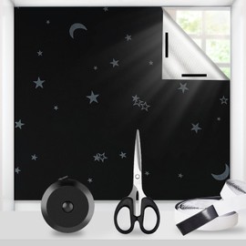 Window Blackout Roller Blind, No Drilling, 100% Opaque and Sun Protection, 420D Oxford Blackout Fabric with Suction Cups, 1 m x 1.45 m, Star Pattern, Roof Window Blackout, Sun Protection Film