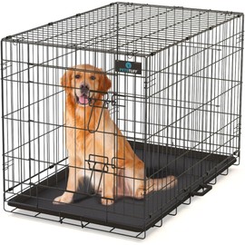 PetsTuff GREAT CRATES 42” X-Large Dog Crate - Heavy-Duty Dog Kennel With Divider Panel For Pets 65-85lbs - Durable Leaf-Proof Tray - Foldable, Carry Handle & Wheels For Easy Moving - Two-Door Dog Cage