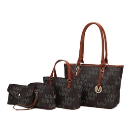 MKF Collection Tote Bag for Women, Shoulder Handbag & Wristlet Pouch Purse Top Handle Vegan Leather 4Pcs Set Pocketbook Alexy Brown by Mia k