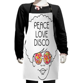 Ambesonne 70s Party Apron, Girl with Afro Hair and Glasses Hippie Seventies Art Peace Love Disco Lettering, Small Apron Bib with Adjustable Ties for Baking Painting, Small Size, Multicolor