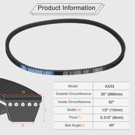 sourcing map 2Pcs AX33 EPDM V-Belt, Raw Edge Cogged Industrial Rubber V Belt 1/2" Width x 35" Outer Circumference