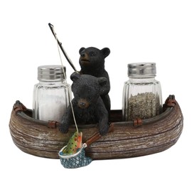Ebros Gift 7" Wide Rustic Forest 2 Black Bear Siblings Fishing Bass With Net And Rod In Canoe Boat Glass Salt And Pepper Shakers Holder Statue Kitchen Dining Centerpiece Figurine