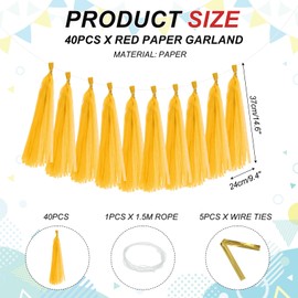 sourcing map 40Pcs Tassel Garland Banner Tissue Paper for Streamers Party Decorations, Valentine's Day Birthday Decor for Women with Rope and Tie Wire (Yellow, 14.6Inch)