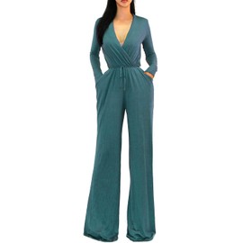 Vivicastle Women's USA Sexy Wrap Top Wide Leg Long Sleeve Cocktail Knit Jumpsuit (Medium, Teal)