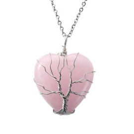 Chereda Healing Crystal Necklace Tree Life Wire Wrapped Crescent Moon Heart Pendant Necklace for Women Natural Resin Reiki Spiritual Quartz Gemstone Jewelry (Heart Pink-Rose Quartz)