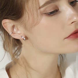 14K Gold Plated 925 Sterling Silver Cubic Zirconia Sparkling Round Huggie Cuff Cartilage Earrings | Sterling Silver Hoop Earrings with CZ Hoop Earrings White Gold Plated Earrings for Women